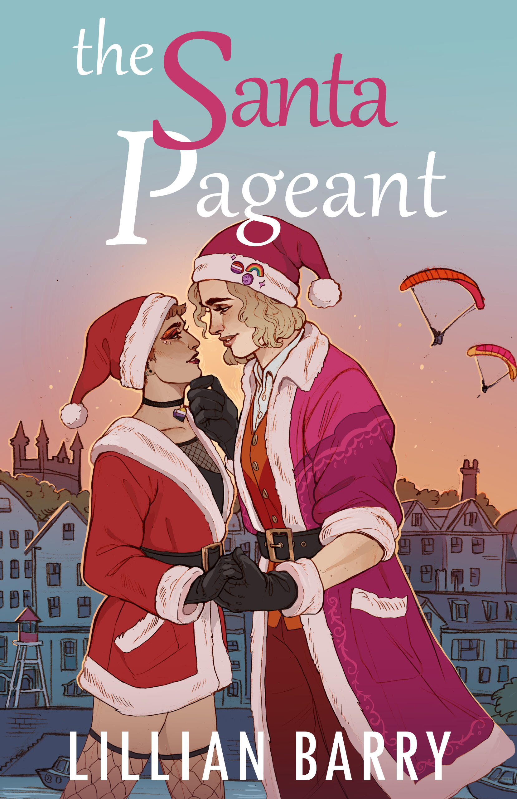 The book cover shows an island harbour coastline at sunset, with the two main characters wearing Santa suits. Effie's suit is in the lesbian colours, and Tove's is a little black dress with a red coat. Effie tilts Tove's chin upwards with her hand.